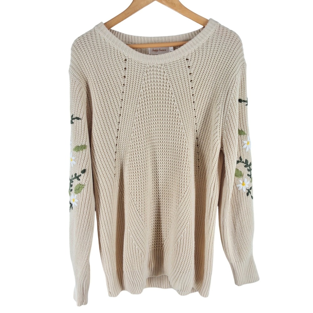 Simply Couture Cream Floral Embroidered Sleeve Chunky Knit Sweater Large Boho